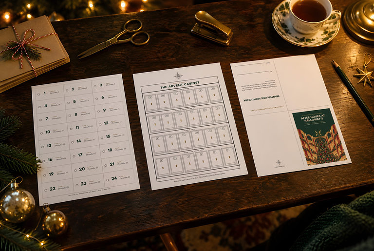 Printed tags, the Advent Cabinet board and the gift card on a walnut table