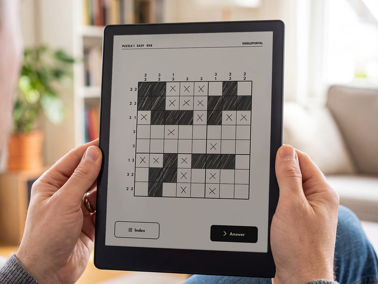 An easy 8x8 nonogram on an e-ink tablet