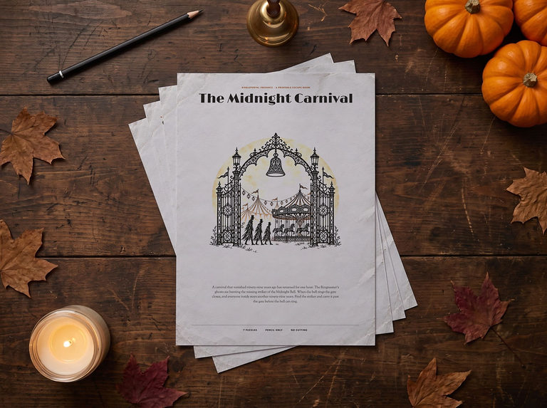 The printed Midnight Carnival case file on a wooden table