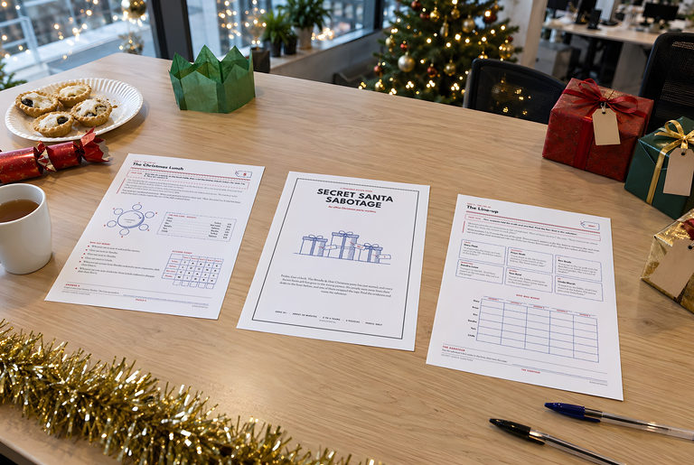 Three printed pages of Secret Santa Sabotage on an office table at a Christmas party: the Christmas lunch, the cover and the Line-up