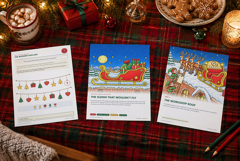 Three printed pages of The Sleigh That Wouldn't Fly on a Christmas table: a puzzle, the cover and a part page