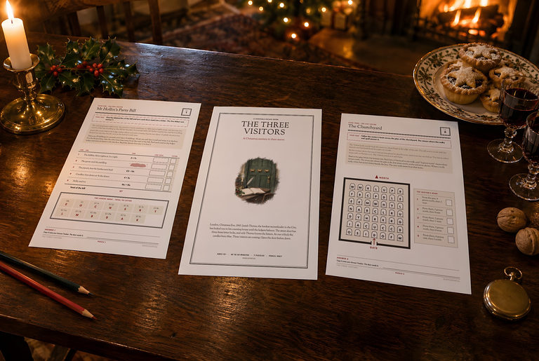 Three printed pages of The Three Visitors on a candlelit table: the party bill, the cover and the churchyard plan